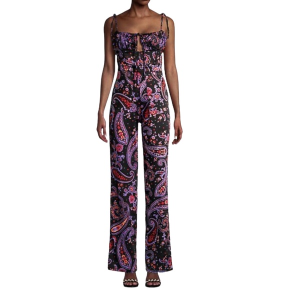 NWT WeWoreWhat Danielle Bernstein Black Paisley satin pull on jumpsuit - Picture 2 of 4